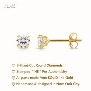 14K Yellow Gold Lab Diamond Stud Earrings, CVD Brilliant Solitaire round Diamond Studs, Pushback