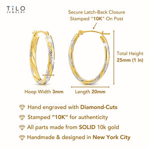 10K Gold Two-Tone Twisted Oval Hoop Earrings, Hand Engraved Diamond-Cuts, 1 Inch (25Mm) Hoops, Made by TILO Jewelry