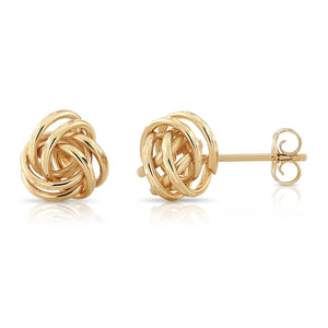 14K Gold Love Knot Stud Earrings with Hand Engraved Diamond Cuts, 9Mm, Pushback Studs