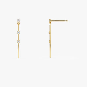 Gold Linear Bar Triple Diamond Drop Earrings, 14K Gold Bar Earrings, 0.28 Ctw Diamond Station Dangle Earrings, Trendy Earring Gift for Her