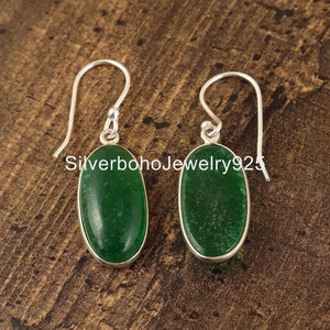 Green Jade Earrings: Oval Cabochon, 925 Sterling Silver Bezel