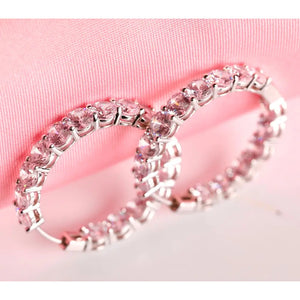 Hinged Hoop inside Out Earrings Set with round Simulated Diamonds 5A Cubic Zirconia in Rhodium Plated Sterling Silver 3Cm Diameter