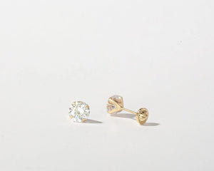 Dainty 14K Solid Gold Tiny Round CZ Diamond Screw Back Stud Earrings.