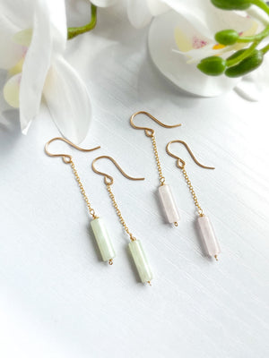 Pale Green Jade Dangle Chain Earrings, Sterling Silver 14K Gold Rose Gold Filled, Dainty Jade Column Tube Gemstone Chain Drop Hook Earrings