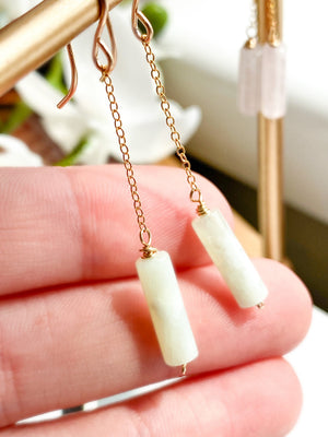 Pale Green Jade Dangle Chain Earrings, Sterling Silver 14K Gold Rose Gold Filled, Dainty Jade Column Tube Gemstone Chain Drop Hook Earrings