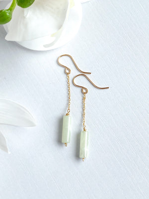 Pale Green Jade Dangle Chain Earrings, Sterling Silver 14K Gold Rose Gold Filled, Dainty Jade Column Tube Gemstone Chain Drop Hook Earrings
