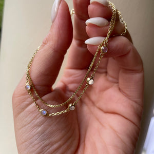 Cleo 14K Gold Moonstone Anklet, Fine Dainty Double Chained Anklet, June Birthstone, Boho Dainty Cute Two Layers Gold Anklet, Gift for Her