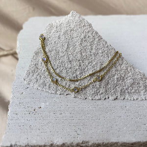 Cleo 14K Gold Moonstone Anklet, Fine Dainty Double Chained Anklet, June Birthstone, Boho Dainty Cute Two Layers Gold Anklet, Gift for Her