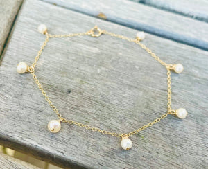 9Ct Gold Anklet: Dainty Ivory Freshwater Pearl Drop Ankle Chain