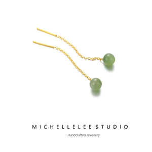 Natural Green Jade Ball Threader Earrings, Nephrite Gemstone Dangling Earrings, Minimalist Simple Jewellery