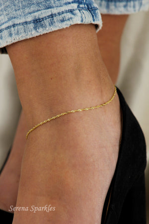 10K Solid Gold Twisted Chain Anklet, Real Gold Singapore Chain Anklet, Dainty Chain Anklet for Everyday, Gold Anklet for Women