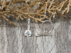 14K Gold Lever Back Earrings with round Cut Moissanite or Lab-Grown Diamond, Minimalist Dangle Earrings, Everyday Fine Jewelry