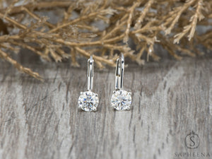 14K Gold Lever Back Earrings with round Cut Moissanite or Lab-Grown Diamond, Minimalist Dangle Earrings, Everyday Fine Jewelry