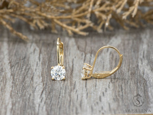 14K Gold Lever Back Earrings with round Cut Moissanite or Lab-Grown Diamond, Minimalist Dangle Earrings, Everyday Fine Jewelry