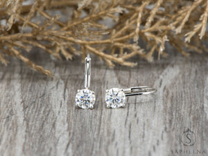 14K Gold Lever Back Earrings with round Cut Moissanite or Lab-Grown Diamond, Minimalist Dangle Earrings, Everyday Fine Jewelry