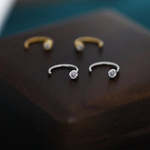 2Mm Diamond CZ Huggie Hoop Earrings in Sterling Silver, Silver, or Gold, Half Hoop, Open Hoop, Pull Through, Dainty Earrings