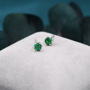 Emerald Green CZ Stud Earrings in Sterling Silver, Available in 3Mm 4Mm 5Mm 6Mm, Brilliant Cut Emerald Green CZ Earrings, Prong Set