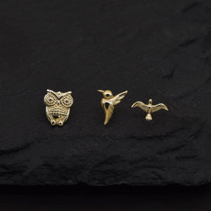 Dazzling 14K Solid Gold Bird Stud Earrings - Owl, Hummingbird & Eagle for Helix, Conch & Tragus.