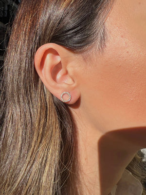 14K Gold CZ Pave Open Circle Stud Earrings, Geometric Halo