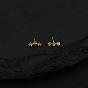 14K Solid Gold Trinity CZ Flat Back Stud, Dainty Flower Tragus Helix Cartilage Earring.