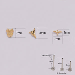 Dazzling 14K Solid Gold Bird Stud Earrings - Owl, Hummingbird & Eagle for Helix, Conch & Tragus.