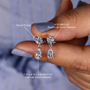 1.89 TCW Pear and round Cut Lab Grown Diamond Earrings, Dangle Drop Earrings, F/VS Lab Created Diamond Wedding Earrings, Earrings for Gift