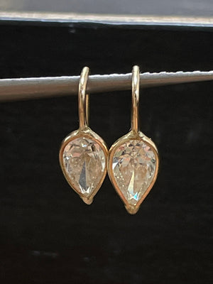 Unique Natural Untreated .78CT Pear Shape Diamond 14K Yellow Gold Upside down Set Wire Hook Earrings