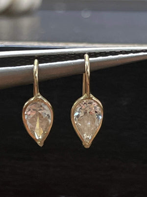 Unique Natural Untreated .78CT Pear Shape Diamond 14K Yellow Gold Upside down Set Wire Hook Earrings