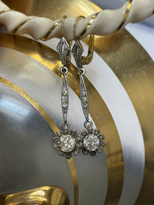 Antique Old Mine Cut Victorian Diamond Flower Drop Earrings 18K Gold and Platinum