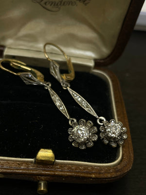 Antique Old Mine Cut Victorian Diamond Flower Drop Earrings 18K Gold and Platinum