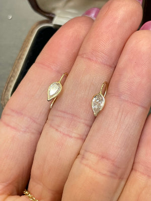 Unique Natural Untreated .78CT Pear Shape Diamond 14K Yellow Gold Upside down Set Wire Hook Earrings
