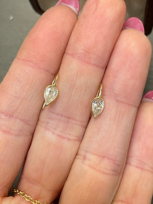 Unique Natural Untreated .78CT Pear Shape Diamond 14K Yellow Gold Upside down Set Wire Hook Earrings