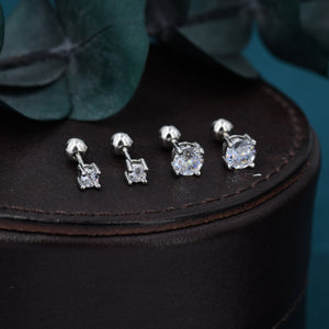 CZ Crystal Screw Back Earrings in Sterling Silver, Available in 3Mm 4Mm 5Mm 6Mm, Brilliant Cut CZ Earrings, Four Prong, Silver or Gold