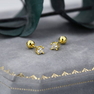 CZ Crystal Screw Back Earrings in Sterling Silver, Available in 3Mm 4Mm 5Mm 6Mm, Brilliant Cut CZ Earrings, Four Prong, Silver or Gold