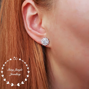 Diamond Stud Earrings, Flower Halo Diamond Simulant Studs, 14K White Gold and Rose Gold Plated Sterling Silver, Christmas Gift with Box