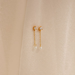 Diamond Pearl Drop Earrings by Caitlyn Minimalist • Dainty Pearl Chain Earrings • Long Dangle Diamond Studs • Bridesmaid Jewelry • ER356