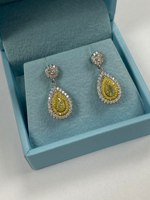 1.62Ct Fancy Yellow Pear Diamond Drop Earrings, 14K White Gold