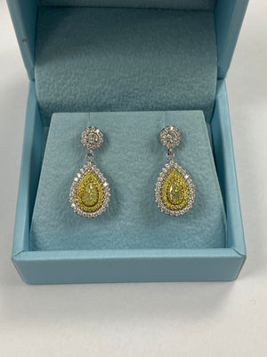 1.62Ct Fancy Yellow Pear Diamond Drop Earrings, 14K White Gold