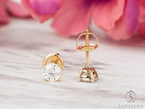 10K Gold Moissanite Stud Earrings | Screw Back round Cut Solitaire | Everyday Diamond Alternative Earrings