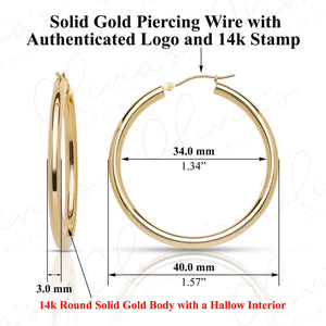 Stunning 14K Yellow Gold 3.0mm Classic Bold Chunky Hoop Earrings.