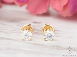 10K Gold Moissanite Stud Earrings | Screw Back round Cut Solitaire | Everyday Diamond Alternative Earrings