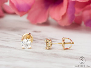 10K Gold Moissanite Stud Earrings | Screw Back round Cut Solitaire | Everyday Diamond Alternative Earrings
