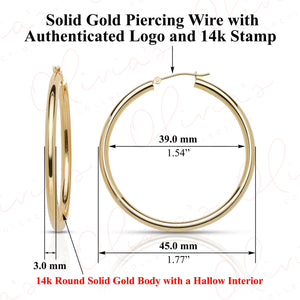 Stunning 14K Yellow Gold 3.0mm Classic Bold Chunky Hoop Earrings.
