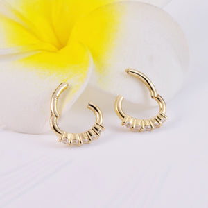 14K Solid Gold Diamond Oval Huggie Hoop Earring, Gold Hinged Segment Clicker, Clear CZ Rook Clicker Ring, Oval Seamless Belly Ring Clicker