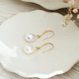 Natural Pearl Sterling Silver Dangle Earrings, Gold Plated S925 Hook Drop Earrings, Freshwater Pearl Wedding Bridal Earrings, Gift for Her