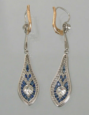 Art Deco Sapphire Dangle Drop Earring, Two Tone Lever Back Earring, Blue Baguette & Old European Cut Diamond Earring, Retro Navette Earrings