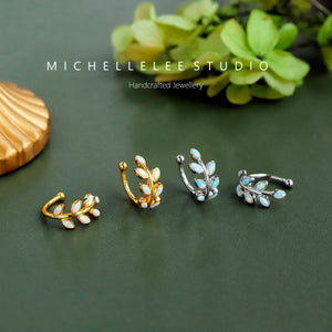 White Opal Leaf Ear Cuff, No Piercing Olive Branch Ear Wrap