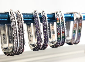 925 Sterling Silver Cubic Zirconia Hoop Earrings: Geometric U-Shape Huggies • A84