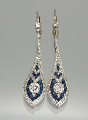 Art Deco Sapphire Dangle Drop Earring, Two Tone Lever Back Earring, Blue Baguette & Old European Cut Diamond Earring, Retro Navette Earrings