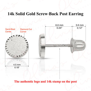 14K Solid Gold Circle Stud Earrings: Diamond Cut Sandblast Finish